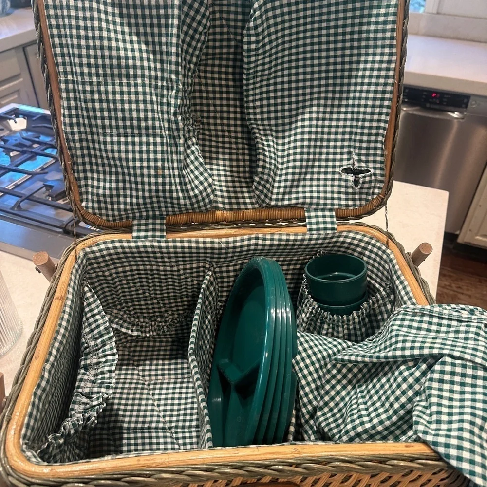 Vintage Wicker Picnic Basket with Green Checkered Accessories. Cottagecore